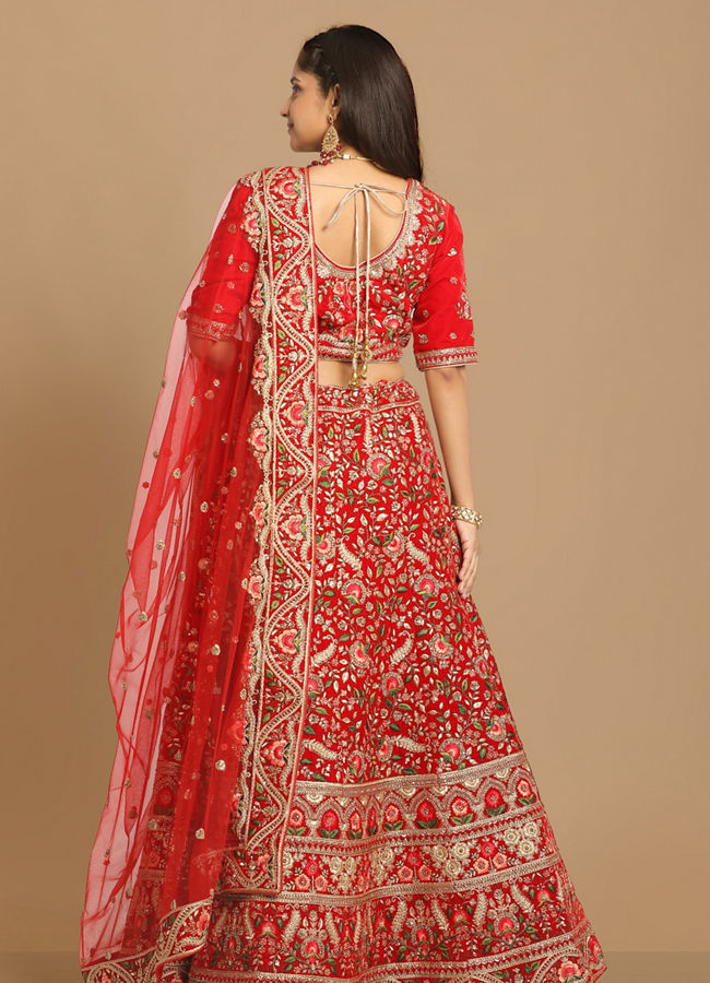 alt message - Mohey Women Red Floral Embroidered Lehenga image number 3